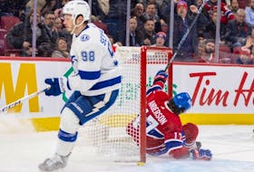 Canadiens Josh Anderson crashes into the net after being taken down by the Lightning's Mikhail Sergachev near the end of Tuesday night's game. It appeared that Anderson suffered a serious injury on the play. 