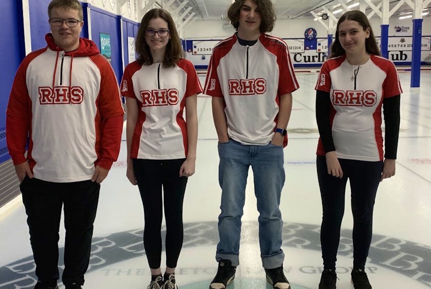 Riverview High School will host the School Sport Nova Scotia provincial curling championship this weekend at Sydney Curling Club. The school will have two teams in the tournament, including a mixed team, pictured above. From left, Brayden Dolan (skip), Aimee Horne (mate), Colin MacAulay (second) and Sara Stanley (lead). CONTRIBUTED/KEN MACLEOD