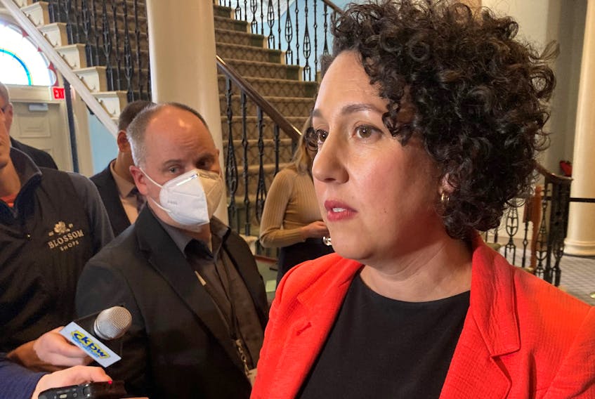 NDP Leader Claudia Chender communicates her misgivings about the 2023-24 budget tabled by the Progressive Conservative government at Province House in Halifax on Thursday, March, 23, 2023. - Francis Campbell