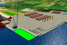 A side-view 3D rendering of what Phase 1 of the proposed Novaporte offshore wind marshalling site in Edwardsville will look like, including some blades, mono piles, nacelles and transition pieces that will be placed on the site. CONTRIBUTED/NOVAPORTE