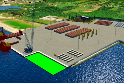 A side-view 3D rendering of what Phase 1 of the proposed Novaporte offshore wind marshalling site in Edwardsville will look like, including some blades, mono piles, nacelles and transition pieces that will be placed on the site. CONTRIBUTED/NOVAPORTE