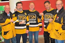 Showing their Allan Cup rings from 1998, Truro TSN Bearcats' players Gary Thomas (left), Brian Melanson, Craig Booker, Reggie Bowes and Rodney MacIntosh. Contributed