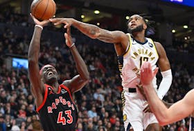 Toronto Raptors forward Pascal Siakam (43) shoots the ball as Indiana Pacers forward Oshae Brissett (12) defends in the second  half at Scotiabank Arena.