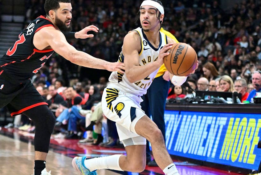 Indiana Pacers guard Andrew Nembhard (2) moves away from Toronto Raptors guard Fred VanVleet (23) in the first half at Scotiabank Arena. 