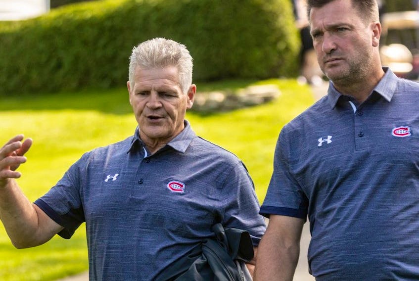 "When (GM Marc Bergevin) was here it seemed like he didn’t want any alumni around," says Chris Nilan (left), shown here with Stéphane Richer at the team’s golf tournament in 2019 at Laval-sur-le-Lac. "I don’t know if it’s because he thought it put too much pressure on kids or he thought people were going to try and coach them."
