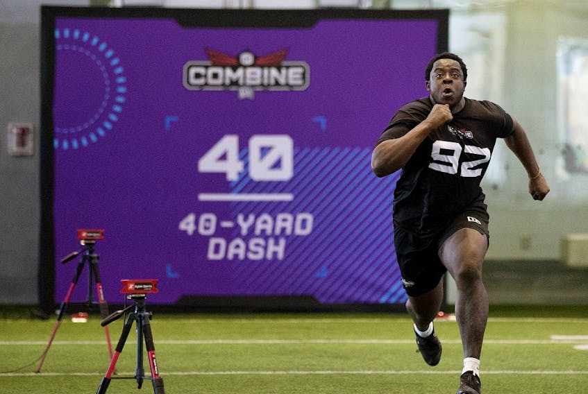Kwadwo Boahen (92) takes part in the second day of the Canadian Football League national combine in Edmonton on Thursday, March 23, 2023.