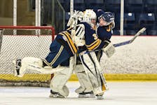 The Yarmouth Mariners goaltending duo of Joey Luvollo and Keegan Warren have been honoured by the MHL, both with the 2022-23 Young/Knickle Award for the top goaltending duo and also with all-star honours. Aside from their play they're also fan favourites for their celebrations after a win on the ice. KEN CHETWYND PHOTO