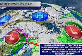 Low pressure will bring a mixed bag of weather to Newfoundland on Saturday, while another low eyes the Maritimes into Sunday.