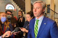 Premier Tim Houston talks to reporters about the 2023-24 budget tabled by his Progressive Conservative government at Province House in Halifax on Thursday, March, 23, 2023. - Francis Campbell