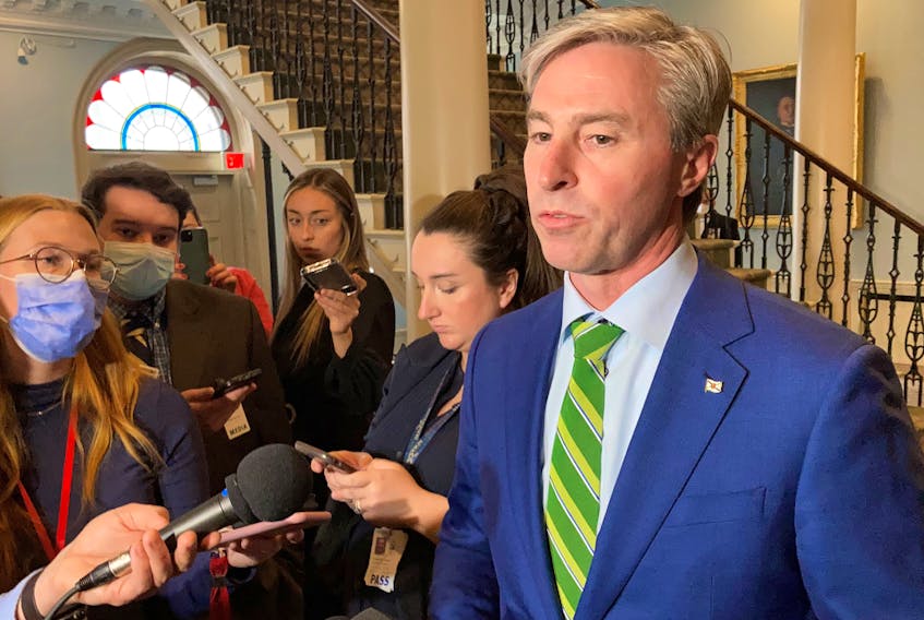 Premier Tim Houston talks to reporters about the 2023-24 budget tabled by his Progressive Conservative government at Province House in Halifax on Thursday, March, 23, 2023. - Francis Campbell
