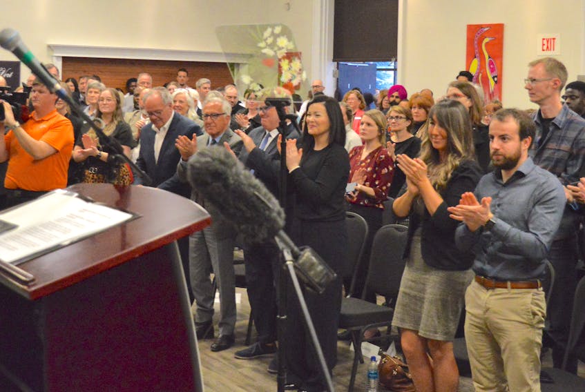 People gave Nova Scotia Premier Tim Houston a standing ovation at Cape Breton University on Tuesday after he announced the province will provide $58.9 million to create a medical school campus that it is expected to open in 2025. Chris Connors/Cape Breton Post