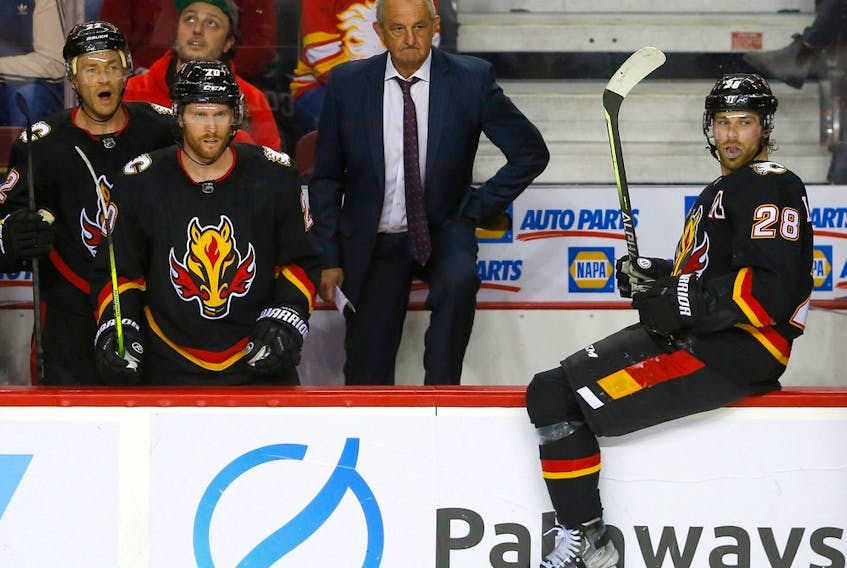 Calgary Flames bench in dying seconds against the Vegas Golden Knights in third period NHL action at the Scotiabank Saddledome in Calgary on Thursday, March 23, 2023. Darren Makowichuk/Postmedia