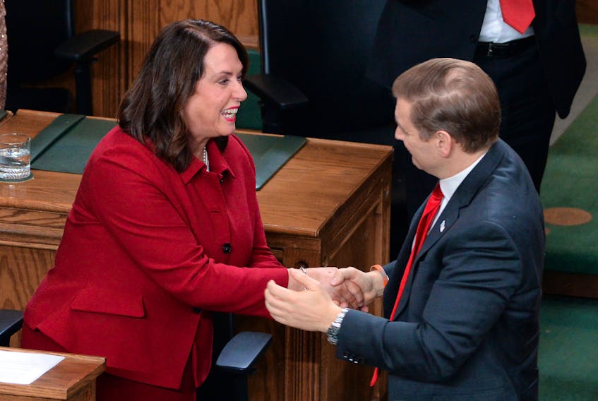 Finance Minister Siobhan Coady is congratulated by Premier Andrew Furey after she finished reading the budget speech in the House of Assembly Thursday afternoon.

Keith Gosse/The Telegram