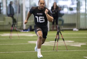 Jonathan Rosery (16) takes part in the Canadian Football League national combine in Edmonton on Thursday March 23, 2023.
