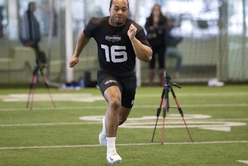 Jonathan Rosery (16) takes part in the Canadian Football League national combine in Edmonton on Thursday March 23, 2023.