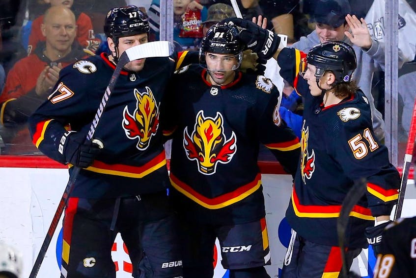 Calgary Flames Nazem Kadri scores on San Jose Sharks goalie Kaapo Kahkonen in third period NHL action at the Scotiabank Saddledome in Calgary on Saturday, March 25, 2023. Darren Makowichuk/Postmedia