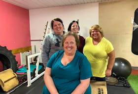 For the past few months, a group of women from Tignish have been hitting up the Iron Haven Gym in Alberton to help encourage their friend, Jennifer MacKinnon, who lost her sight in early 2020.  From back left are Cheryl Hackett, Kim DesRoches, Mona Jeffery and MacKinnon, front. – Kristin Gardiner/SaltWire Network