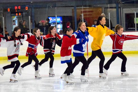 Senior starskaters in the Shelburne County Skating Club perform their routine honoring Canada during the club’s closing carnival on March 26 at the Sandy Wickens Memorial Arena in Barrington Passage. KATHY JOHNSON