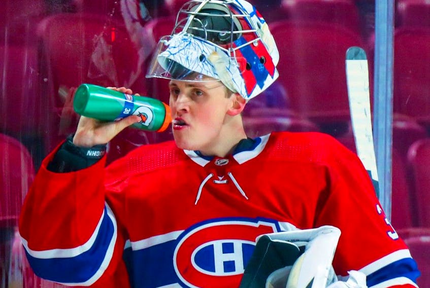 Goalie Cayden Primeau has a 14-14-6 record with a 3.13 goals-against average and a .906 save percentage this season with the AHL’s Laval Rocket.