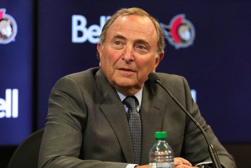 National Hockey League Commissioner Gary Bettman talks to the media at the Canadian Tire Centre, March 27, 2023.