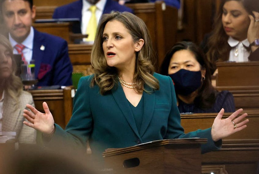 Finance Minister Chrystia Freeland presents the federal budget for fiscal year 2023-24 in the House of Commons on March 28, 2023.