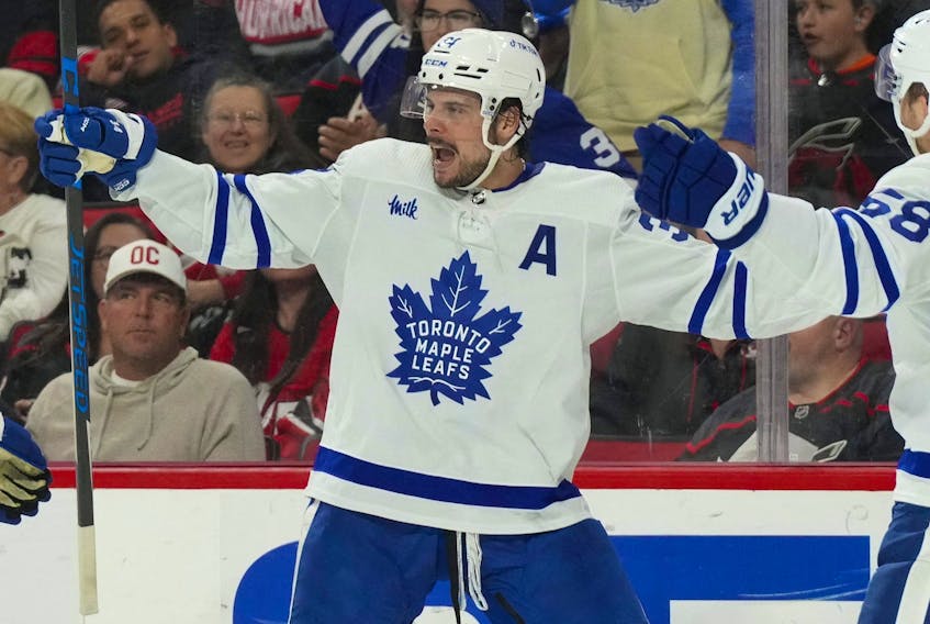 Toronto Maple Leafs centre Auston Matthews  celebrates his goal against the Carolina Hurricanes during the second period at PNC Arena in Raleigh, N.C., March 25, 2023.