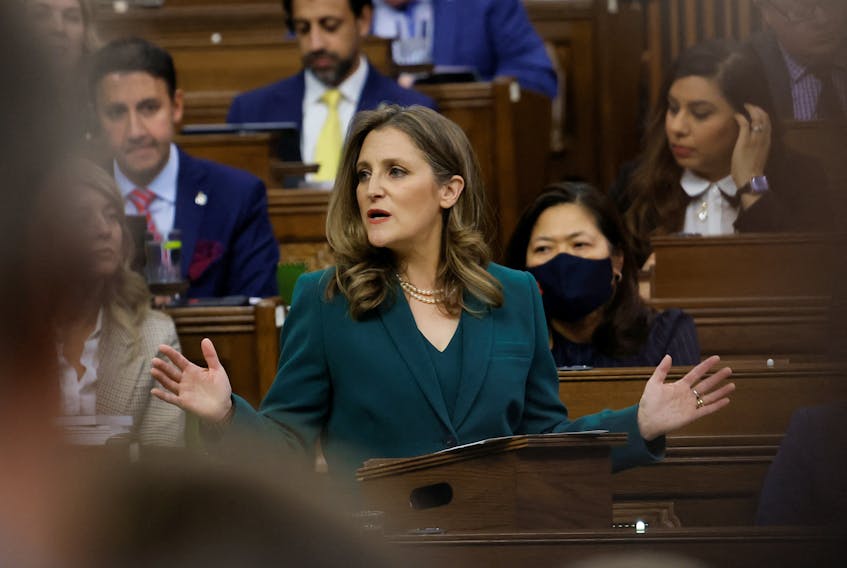 Canada's Deputy Prime Minister and Minister of Finance Chrystia Freeland presents the federal government budget for fiscal year 2023-24 in the House of Commons on Parliament Hill in Ottawa, Ontario, Canada March 28, 2023.  REUTERS/Blair Gable  Canada's Deputy Prime Minister and Minister of Finance Chrystia Freeland presents the federal government budget for fiscal year 2023-24 in the House of Commons on Parliament Hill in Ottawa, Ontario, Canada March 28, 2023. REUTERS/Blair Gable