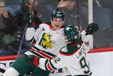 Halifax Mooseheads Alexandre Doucet  celebrates his goal with teammate  Josh Lawrence drung 1st period action against the Quebec Rampar in Halifax Thursday January 12, 2023.

TIM KROCHAK PHOTO