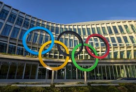 A view shows the Olympic Rings in front of the Olympic House, headquarters of the International Olympic Committee (IOC), during the executive board meeting of the International Olympic Committee (IOC), in Lausanne, Switzerland, March 28, 2023.  