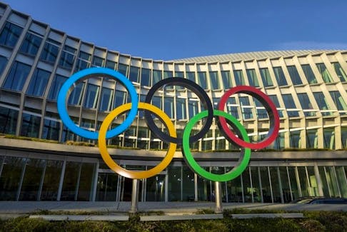 A view shows the Olympic Rings in front of the Olympic House, headquarters of the International Olympic Committee (IOC), during the executive board meeting of the International Olympic Committee (IOC), in Lausanne, Switzerland, March 28, 2023.  