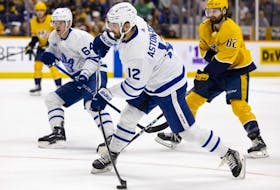 Zach Aston-Reese of the Toronto Maple Leafs takes a slapshot against the Nashville Predators during the second period at Bridgestone Arena on March 26, 2023 in Nashville, Tennessee.