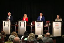 P.E.I. political parties leaders Peter Bevan-Baker (Green), left, Sharon Cameron (Liberal), Dennis King (Progressive Conservative) and Michelle Neill (NDP) take part in a leaders debate organized at Charlottetown's Delta Hotel on March 21. The event was organized by the Greater Charlottetown Area Chamber of Commerce in partnership with Downtown Charlottetown Inc. Stu Neatby • The Guardian
