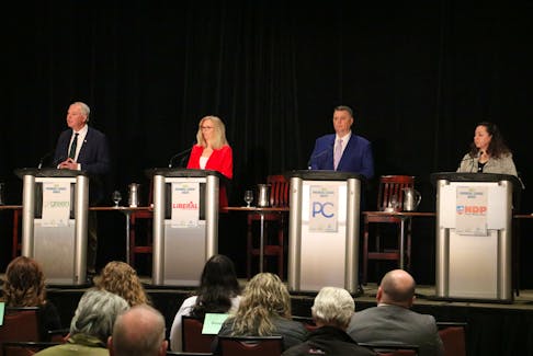 P.E.I. political parties leaders Peter Bevan-Baker (Green), left, Sharon Cameron (Liberal), Dennis King (Progressive Conservative) and Michelle Neill (NDP) take part in a leaders debate organized at Charlottetown's Delta Hotel on March 21. The event was organized by the Greater Charlottetown Area Chamber of Commerce in partnership with Downtown Charlottetown Inc. Stu Neatby • The Guardian