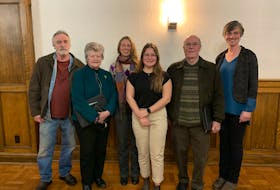Steph Sedgwick, right, 100-Plus Who Care Giving Group Annapolis Valley co-chair, thanks officials for their recent presentations. From left are Lawrence Powell and Dianne Hankinson LeGard from the Middleton Railway Museum, Aimee Daigle and Elsa Hafting from the Friends of the Annapolis Pool Society and Dave Cameron, Fundy Interchurch Food Bank.
Contributed