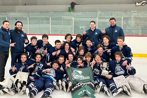 The Eastern Express recently defeated the Prince County Warriors 3-1 in the best-of-five championship series to win the P.E.I. Major Under-15 Male Hockey League championship in O’Leary. The Express is the P.E.I. representative in the Atlantic major under-15 male hockey championship in O’Leary from March 30 to April 2. Members of the Express are, front row, from left, Zach Clinton, Ashton Campbell, Rowan Walsh, Thomas MacPhee, Jackson Batchilder, Brody Molloy, Declan MacLauchlan, Carsen Murnaghan, and Jase MacPherson. Second row, from left, are Ethan Hansen and Colin Proud. Third row, from left, are Ryan Doyle, Luke Cusack, Dalton Gass, Jake Kelly, Caden Zafiris, Connor Brothers and Nathan Clinton. Back row, from left, are Chris Hedefine (assistant coach), Noah Laybolt (assistant coach), Max MacKenzie, Connor Morrison, Cody MacPhee (assistant coach) and Will Zafiris (head coach). Eastern Express • Special to The Guardian
