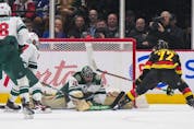  Minnesota Wild goalie Marc-Andre Fleury stops Vancouver Canucks’ Anthony Beauvillier  during the second period of an NHL hockey game in Vancouver, on Thursday, March 2, 2023.