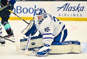 Feb 26, 2023; Seattle, Washington, USA; Toronto Maple Leafs goaltender Ilya Samsonov blocks a goal shot against the Seattle Kraken during the second period at Climate Pledge Arena.  
