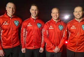 Brad Gushue and his Team Canada rink are heading into their 20th Tim Horton’s Brier when play starts on the 2023 tournament being held in London, Ontario starting Friday. This year the team, which includes, from left, E.J. Harnden, Gushue, Mark Nichols and Geoff Walker, will be playing in their first Brier together. Curling Canada photo/Twitter