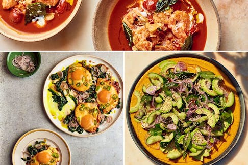 Clockwise from top: coconut broth shrimp with fried aromatics, sunshine salad with carrot-ginger dressing, and turmeric fried eggs with tamarind dressing. PHOTOS BY ELENA HEATHERWICK