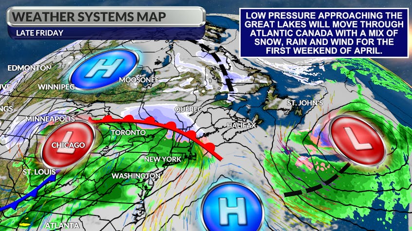 Low pressure currently approaching the Great Lakes will bring wet and windy weather to start April.