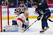 Panthers goaltender Alex Lyon stops Maple Leafs forward Mitchell Marner on a breakaway during the third period at Scotiabank Arena in Toronto, Wednesday, March 29, 2023.