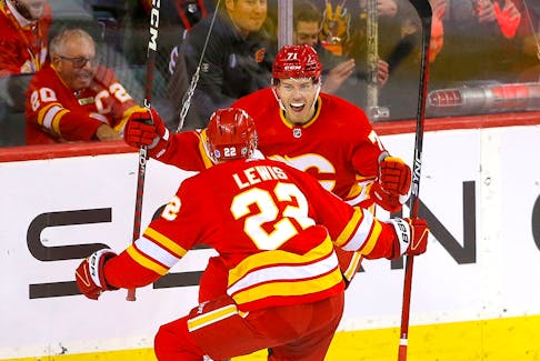 Calgary Flames forward Walker Duehr celebrates his goal against the Los Angeles Kings on Tuesday.