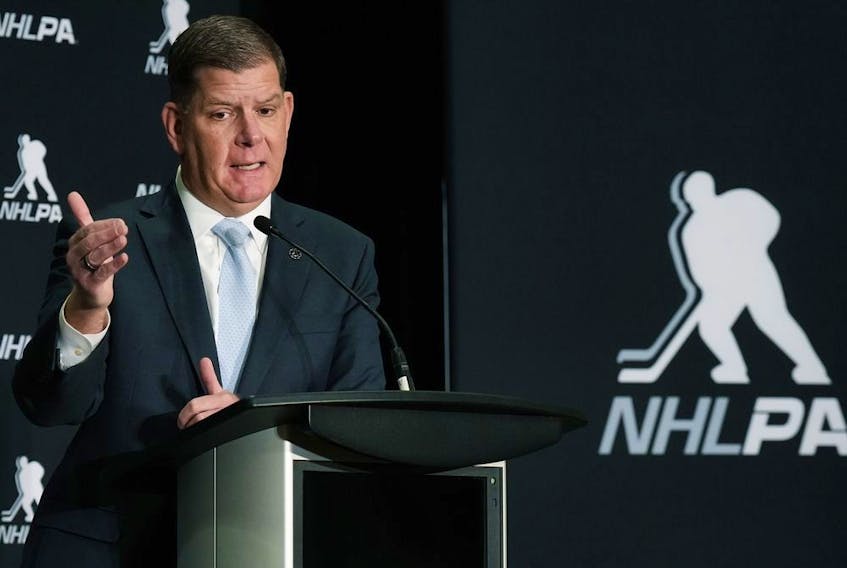 Martin Walsh, The National Hockey League Players' Association newly appointed Executive Director, holds a press conference in Toronto on Thursday, March 30, 2023.