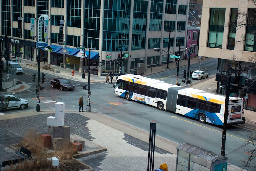 A Halifax Transit bus passes throught the intersection of Spring Garden Road and Queen Street on Thursday, March 30, 2023.
Ryan Taplin - The Chronicle Herald