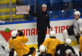 Cape Breton Eagles head coach Jon Goyens speaks to his players during a team practice at Centre 200 in Sydney on Wednesday. The Eagles will kick off the Gilles Courteau Trophy best-of-seven first-round playoff series with provincial rival the Halifax Mooseheads on Friday. Game time is 7 p.m. at Scotiabank Centre in Halifax, a contest that will be broadcast live on Eastlink Community Television. JEREMY FRASER/CAPE BRETON POST