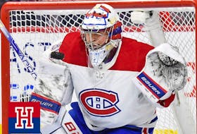 Montreal Canadiens goaltender Cayden Primeau (30) makes a save against the Philadelphia Flyers on March 28, 2023.