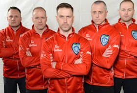 Brad Gushue (centre) and his rink will represent Canada at this week’s 2023 BKT Tires & OK Tire World Men’s Curling Championship being held at TD Place in Ottawa, Ont. He is joined by, from left, coach Caleb Flaxey, third Mark Nichols, second E.J. Harnden and lead Geoff Walker. Ryan Harnden is the team’s alternate for the tournament. Curling Canada photo/Facebook