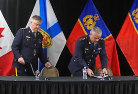 FOR NEWS STORY:
Commanding of the Nova Scotia RCMP  Dennis Daley  and acting RCMP commissioner Michael Duheme arrive to  give their statements following the release of the final report of the Mass Casualty Commission in Truro, NS Thursday March 30, 2023.


TIM KROCHAK PHOTO