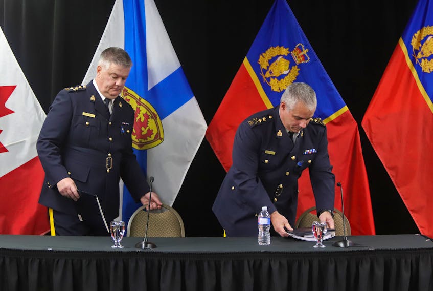 FOR NEWS STORY:
Commanding of the Nova Scotia RCMP  Dennis Daley  and acting RCMP commissioner Michael Duheme arrive to  give their statements following the release of the final report of the Mass Casualty Commission in Truro, NS Thursday March 30, 2023.


TIM KROCHAK PHOTO