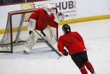 Truro Bearcats goaltender Jack Milner and defenceman Brendan Bays in a drill during their Friday afternoon practice.